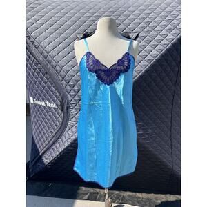 Vintage Fernando Sanchez Slip Dress Lingerie bright Blue Lace Insets Size Medium